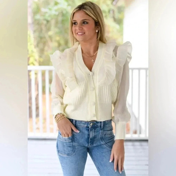 Cocobleu Mint Green Ruffle Sheer Wings Cardigan Sweater - Size M - Picture 1 of 8